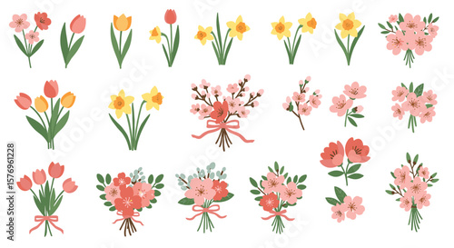 Spring floral collection: tulips, daffodils, and cherry blossoms in bright bouquets