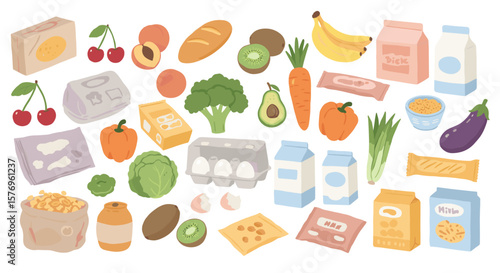 Colorful grocery food items and packaging illustration on white background