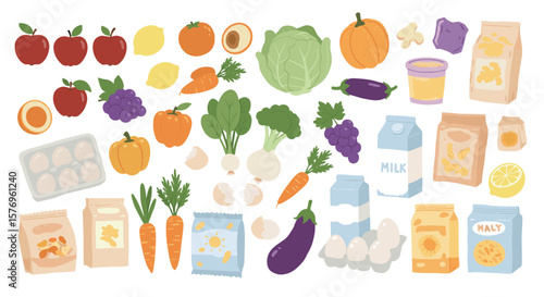 Colorful collection of fruits, vegetables, and groceries on white background