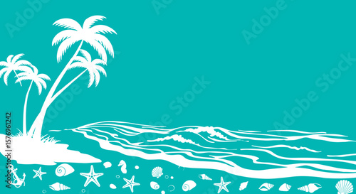 Tropical beach background with palm trees and seashells in minimalist design