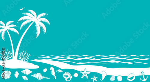 Tropical beach scene with palm trees and seashells in silhouette style