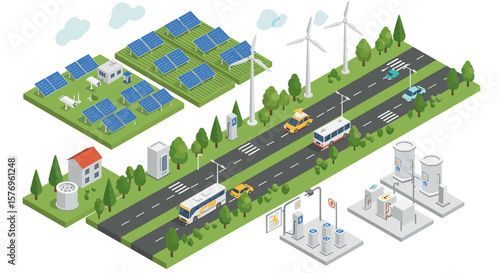 Sustainable energy infrastructure with solar panels, wind turbines, and electric vehicles in isometric city environment