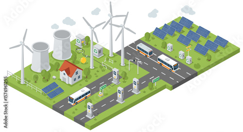 Isometric renewable energy scene with wind turbines and solar panels