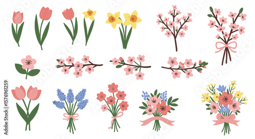 Spring florals bundle: cherry blossoms, tulips, daffodils, and bouquets in flat design