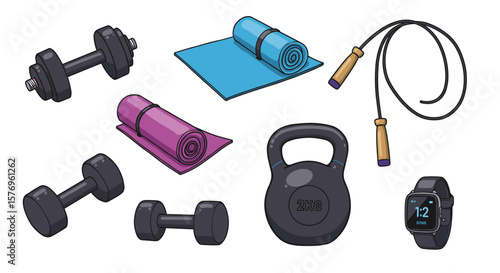 Home workout essentials: dumbbells, kettlebell, yoga mat, jump rope, fitness tracker