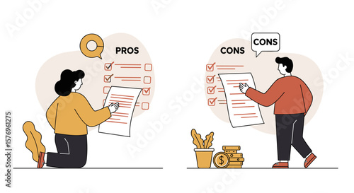 Pros and cons list concept with people analyzing in flat design