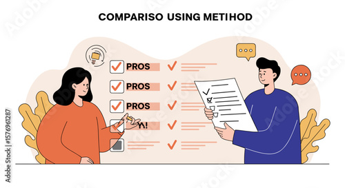 Illustration of people in discussion with checklist and pros cons evaluation method