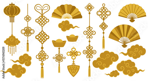 Traditional chinese new year decorations with lanterns and fans in gold accents
