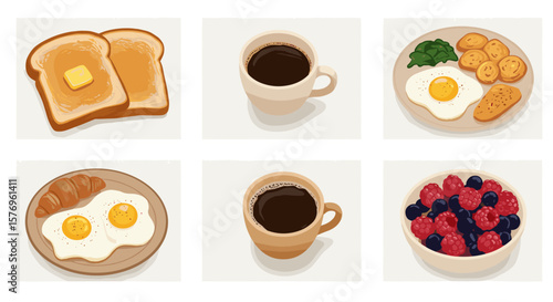 Delicious breakfast variety featuring coffee, toast, eggs, and berries in a retro art style