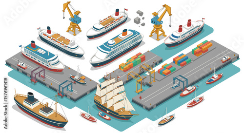 Isometric port scene with cargo ships, cranes, and containers