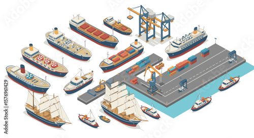 Isometric port scene with cargo ships and sailing vessels in a busy harbor