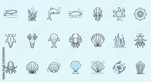 Minimalist ocean life icons: marine creatures and sea elements in linear style