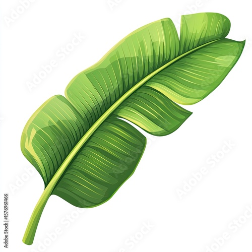 A flat vector logo of a single green banana leaf, with simple shapes, a white background,