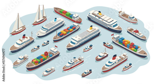 Isometric maritime transport scene with cruise ships and boats