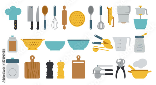 Flat kitchen utensils and tools set for cooking and baking enthusiasts