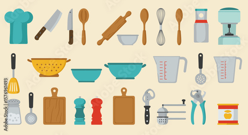 Essential kitchen tools collection: flat design cooking utensils
