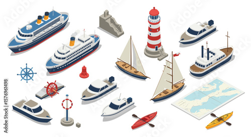 Isometric nautical elements and vessels with lighthouse and map
