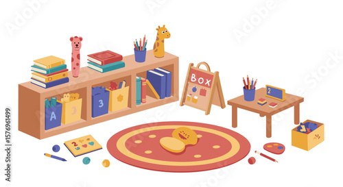 Colorful playroom with educational toys and books for kids