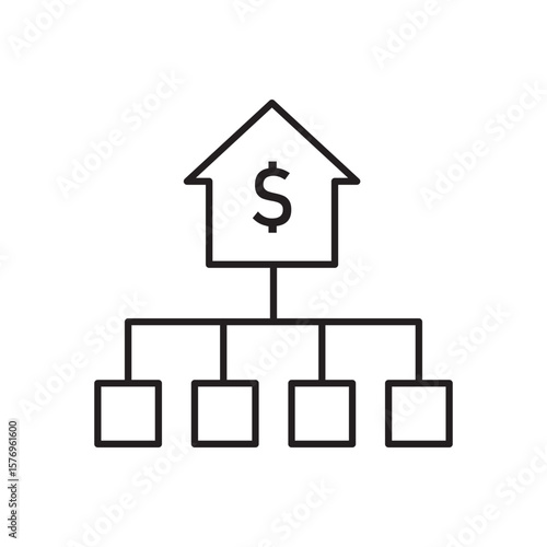 Outline icon of a home linked to a hierarchy chart, symbolizing estate planning, asset distribution, inheritance, and financial legacy.