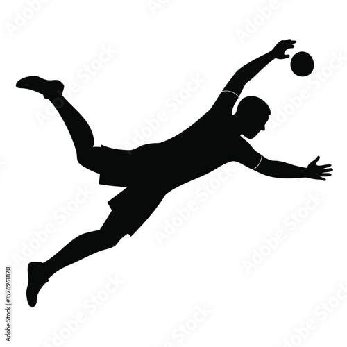 Silhouette illustration of a male handball player jumping and reaching for the ball in a dynamic pose