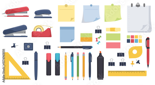 Colorful office supplies collection: pens, staples, notes, and more in flat design
