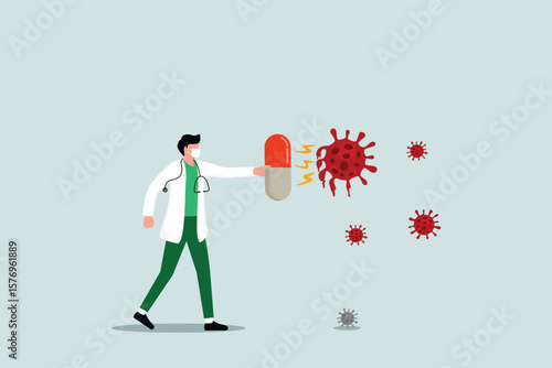 Discovery of a drug or vaccine for a virus, a drug to cure, a doctor holding a large drug tablet or a drug with a restorative effect to kill the virus pathogen to death.