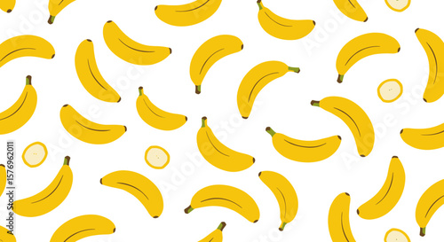Seamless pattern of yellow bananas on white background in flat design