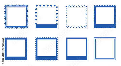 Set of blue decorative borders with heart and zigzag patterns for photos