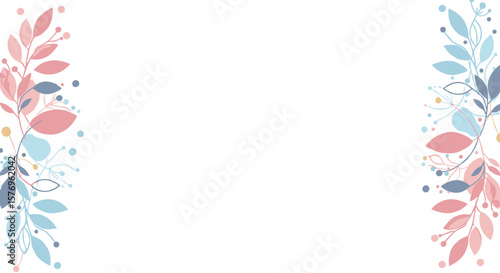 Elegant floral border with pastel leaves and berries on white background