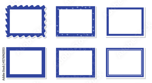 Set of six blue rectangular frames with various patterns and shadows