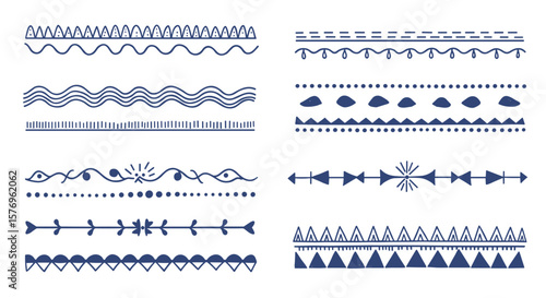 Stylish blue geometric border patterns in hand drawn doodle style set