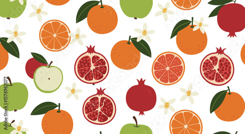 Colorful fruit pattern with oranges, pomegranates, and apples on white background