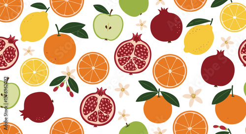 Colorful fruit pattern with pomegranate, lemon, and orange on white background
