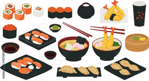 Delicious japanese cuisine: sushi, ramen, tempura, gyoza, and more