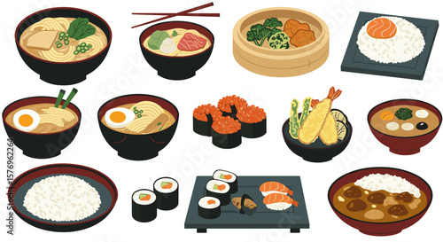 Colorful japanese cuisine collection: sushi, ramen, and rice dishes