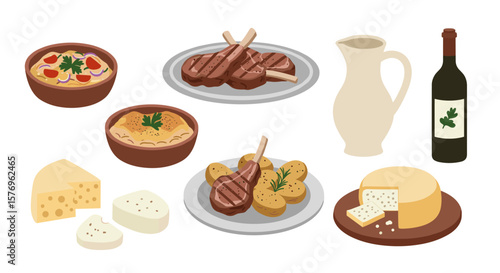 Delicious mediterranean feast with lamb chops, cheese, and wine on white background