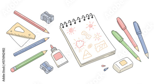 Creative sketching tools and doodles with notepad, pencils, and pens in cartoon style