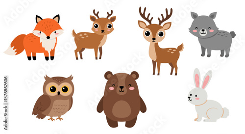 Cute woodland animals in cartoon style: fox, deer, bear, owl, rabbit, and friends