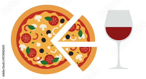 Flat design pizza and wine with iconic slices and glass