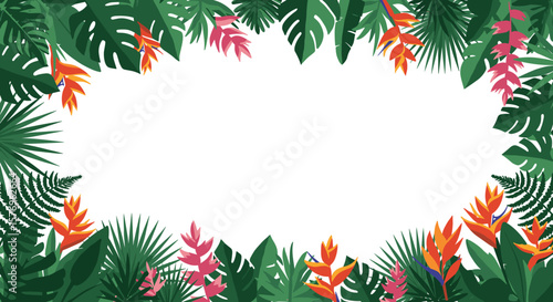 Tropical foliage frame with colorful leaves and flowers on white background