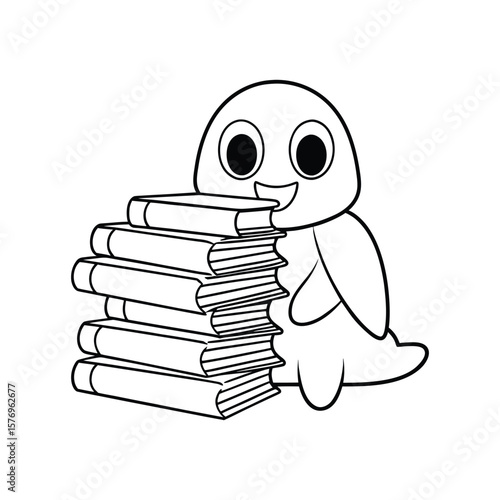 A ghost playing hide and seek with Halloween books kids coloring book Vector illustration