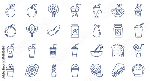 Linear food and drink icons: fresh fruits, beverages, snacks, and salads