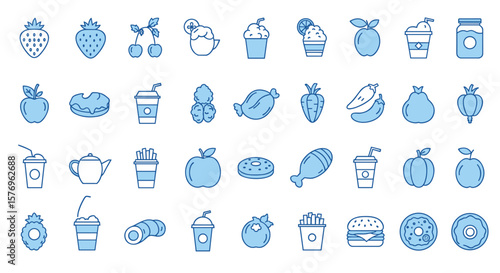 Minimalist blue food and drink icons collection for menus and branding