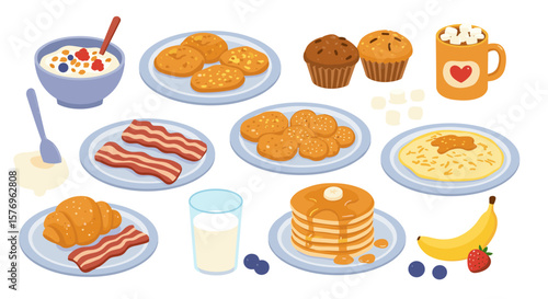 Delicious breakfast variety with pancakes, muffins, and more in flat style