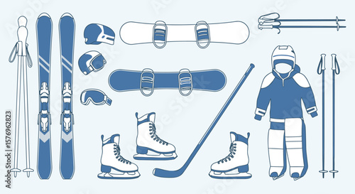Winter sports equipment collection for skiing and snowboarding enthusiasts