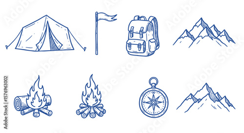 Camping adventure icons: tent, backpack, mountains and more in blue sketch style