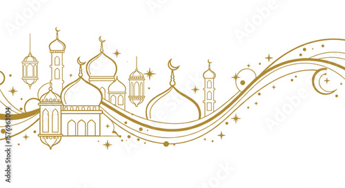 Elegant golden mosque silhouette with decorative crescent moons and stars on white background
