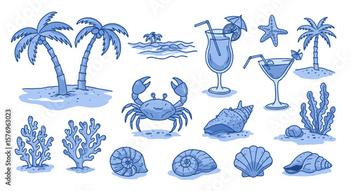 Tropical beach elements in blue doodle style for summer designs
