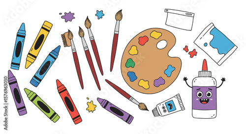 Fun art supplies with cute cartoon faces: crayons, brushes, and palette
