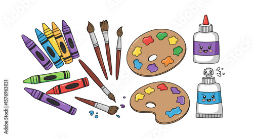 Colorful art supplies with cute faces: crayons, brushes, and paint palettes